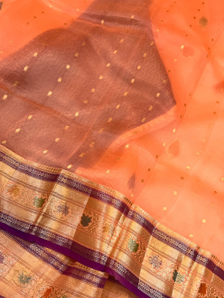Peach Pure Kora Silk Handloom Banarasi Saree
