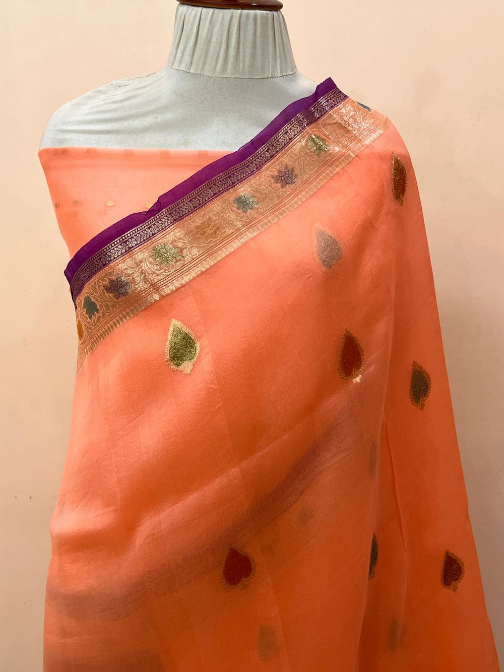 Peach Pure Kora Silk Handloom Banarasi Saree