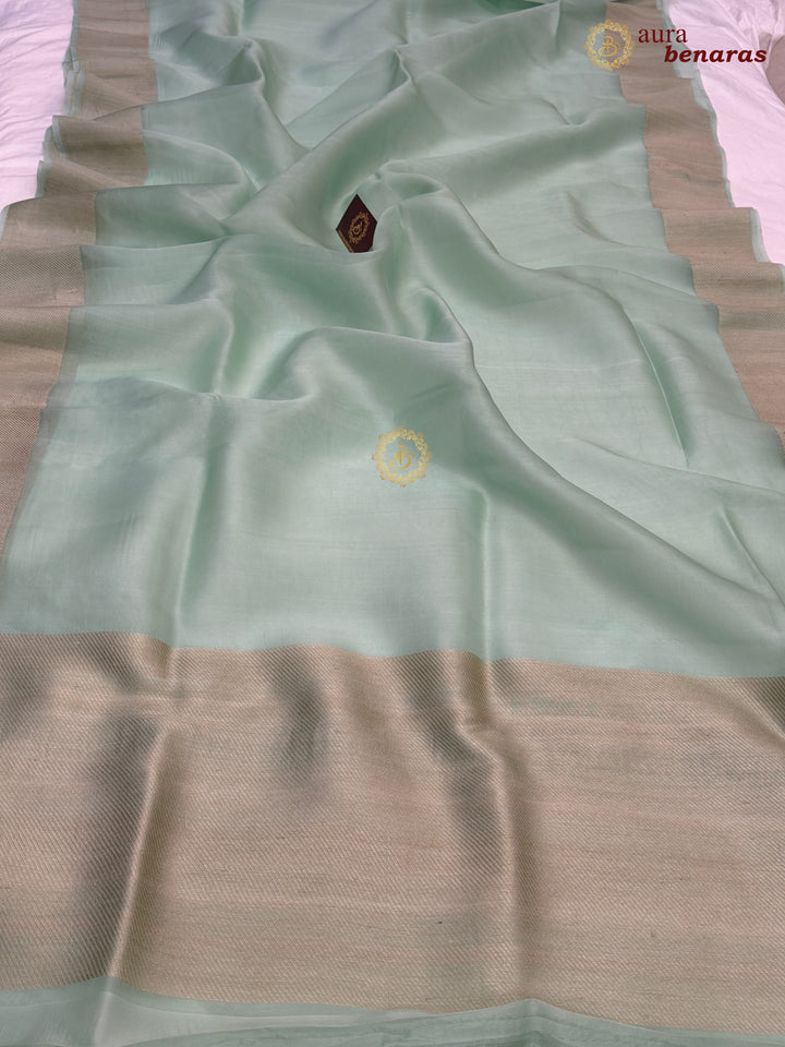 Pastel Mint Green Kora Silk Saree | Aura Benaras