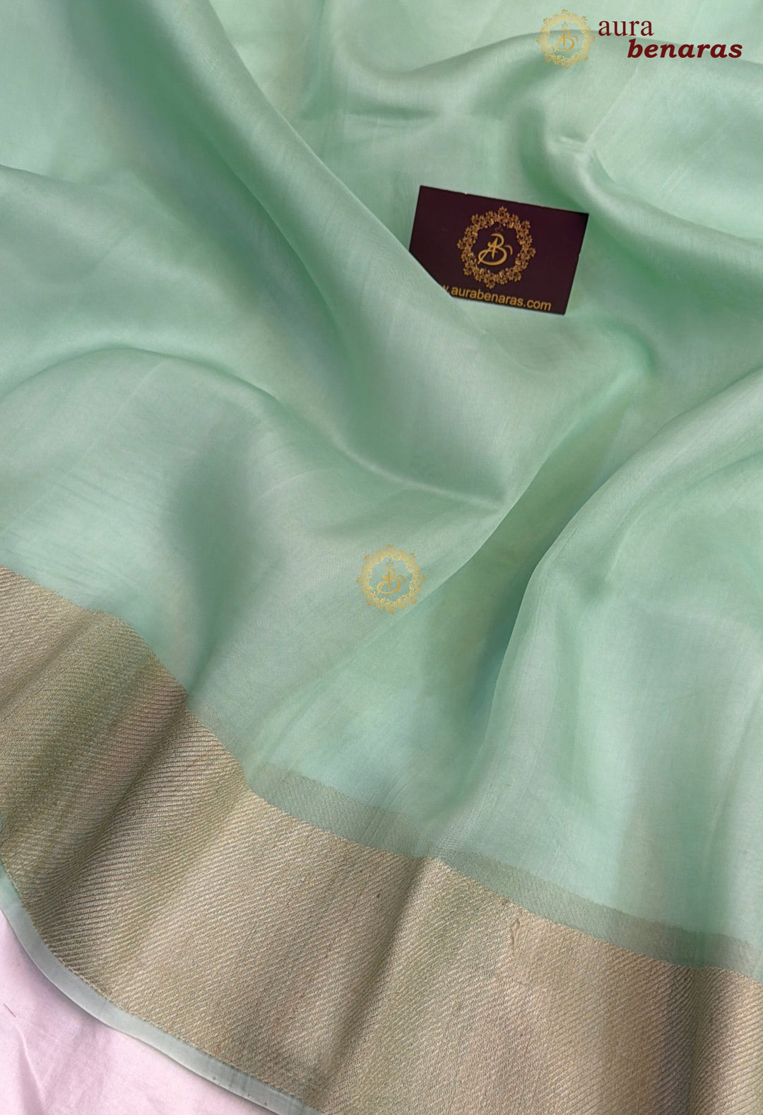 Pastel Mint Green Kora Silk Saree | Aura Benaras