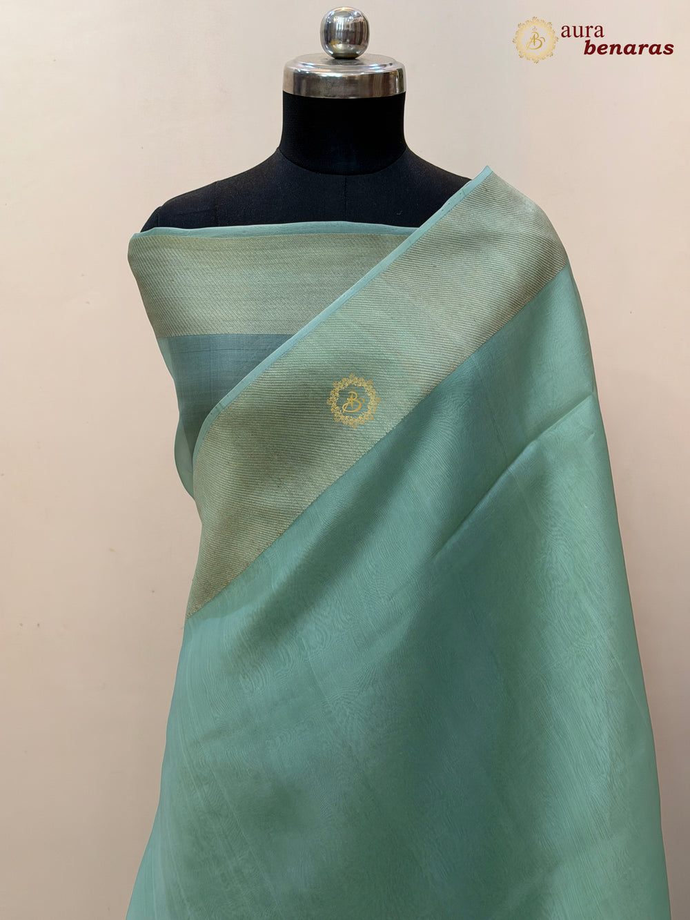 Pastel Mint Green Kora Silk Saree | Aura Benaras