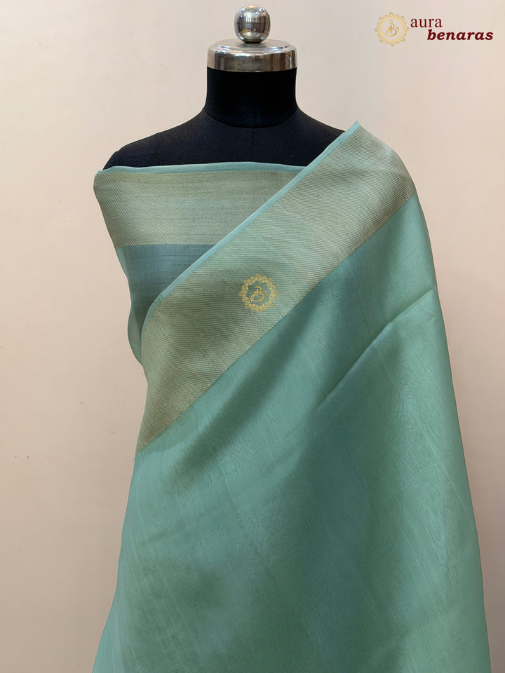 Pastel Mint Green Kora Silk Saree | Aura Benaras