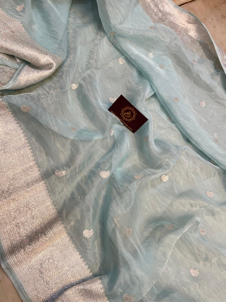 Pure Banarasi crush tissue silk saree with Kadhwa butis and silver zari border