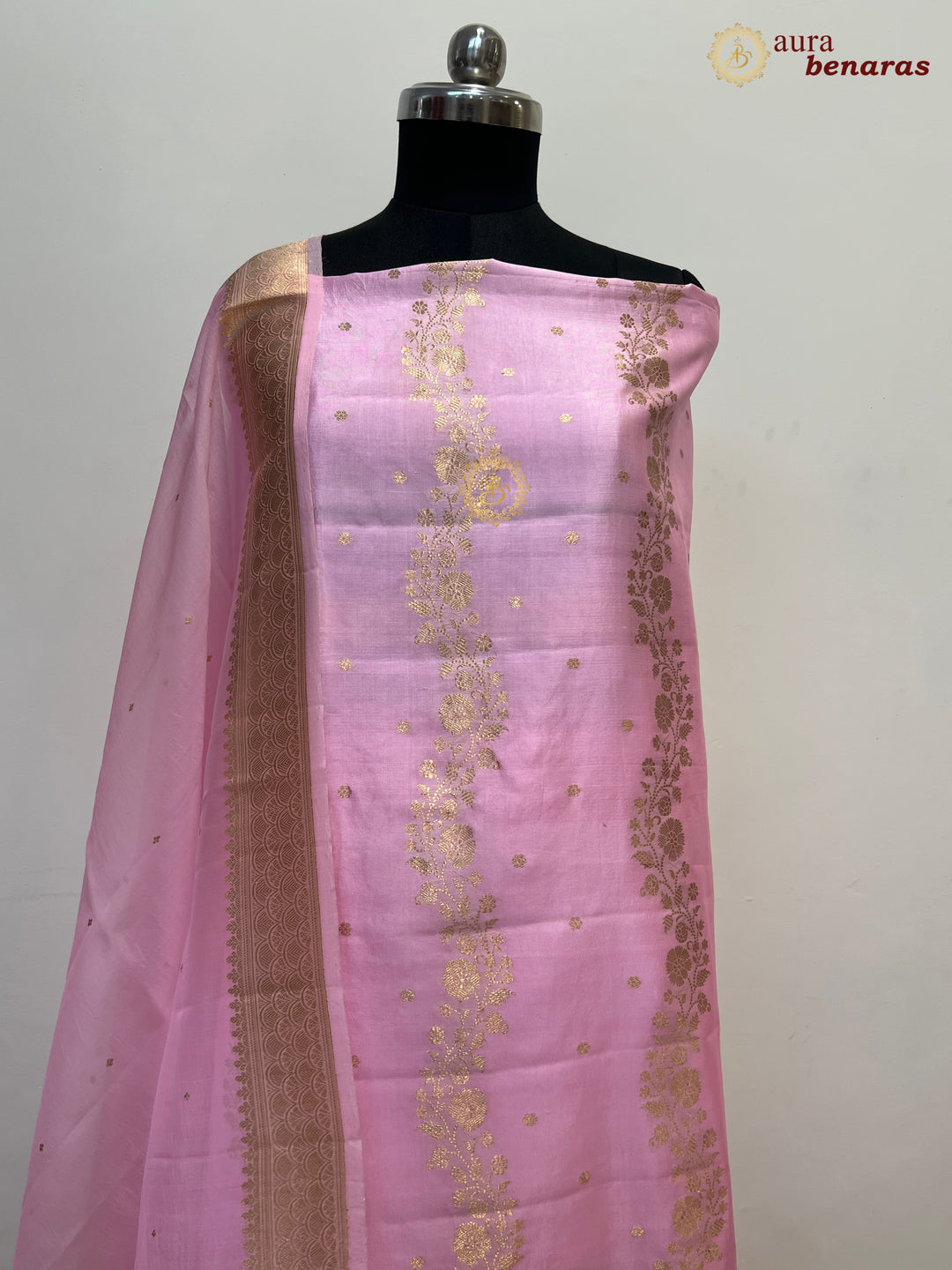 Baby Pink Pure Banarasi Silk Unstitched Suit with Kadhwa Work
