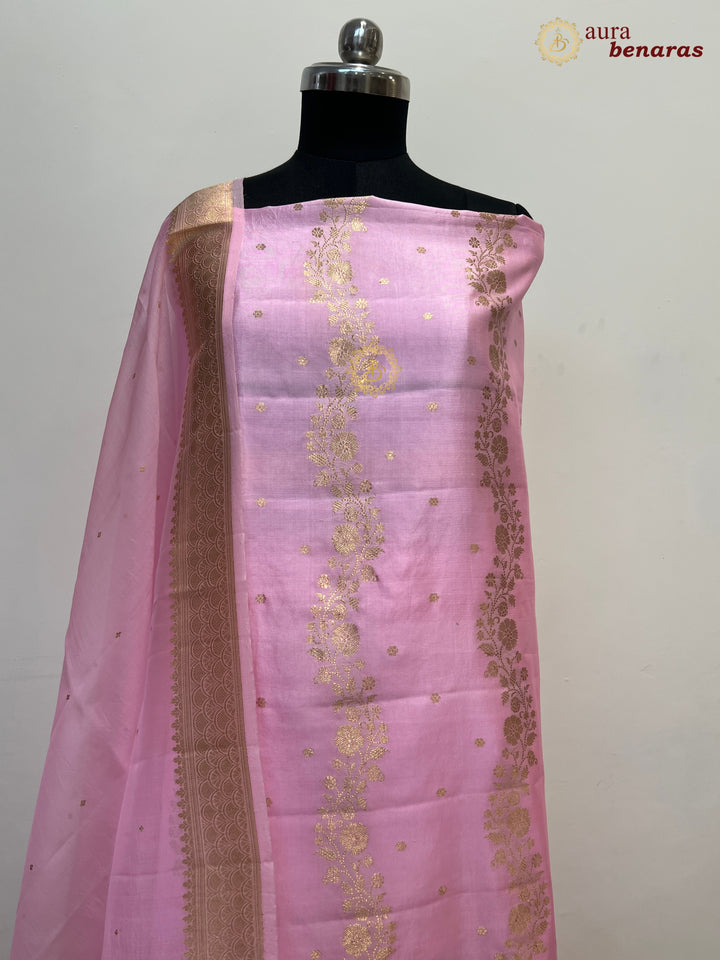 Baby Pink Pure Banarasi Silk Unstitched Suit with Kadhwa Work