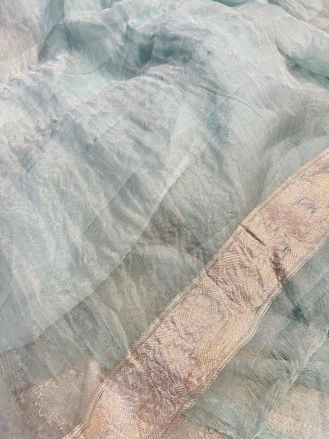 Plain blouse piece with matching silver zari border for Banarasi saree