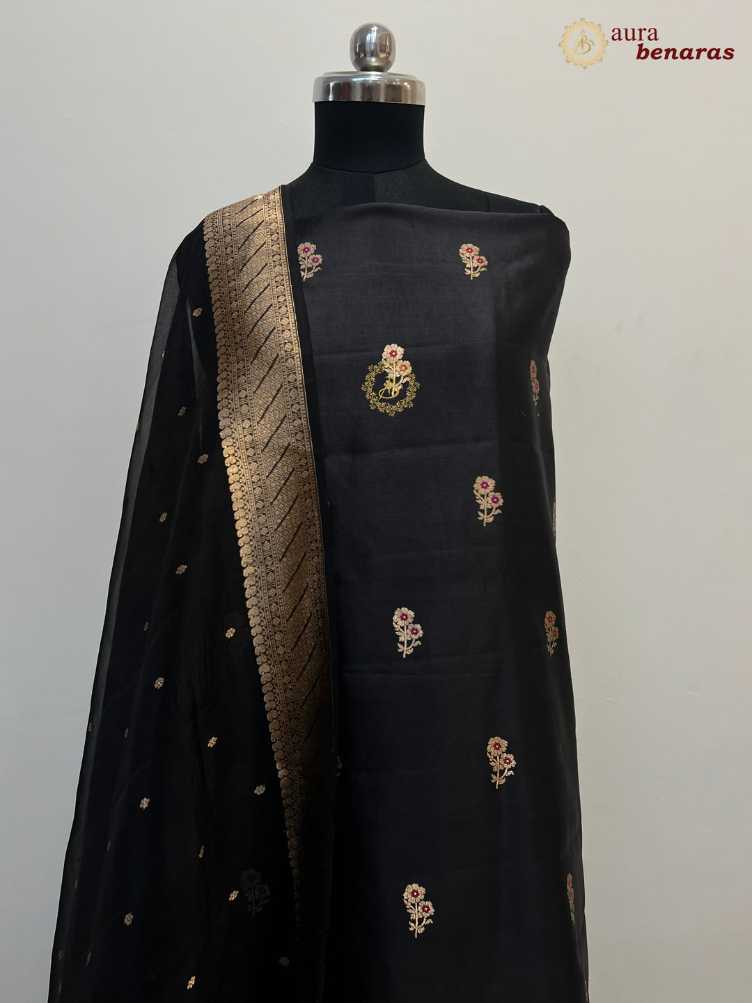 Black Pure Banarasi Silk Unstitched Suit Kadhwa Work