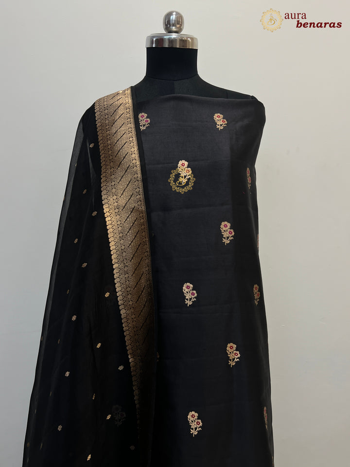 Black Pure Banarasi Silk Unstitched Suit Kadhwa Work