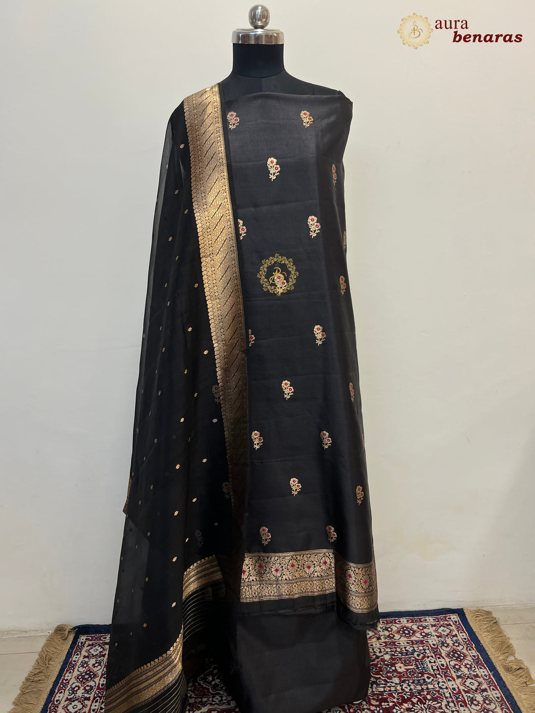 Black Pure Banarasi Silk Unstitched Suit Kadhwa Work