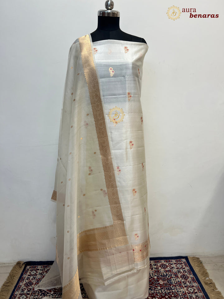Cream Pure Banarasi Silk Unstitched Suit Kadhwa Work