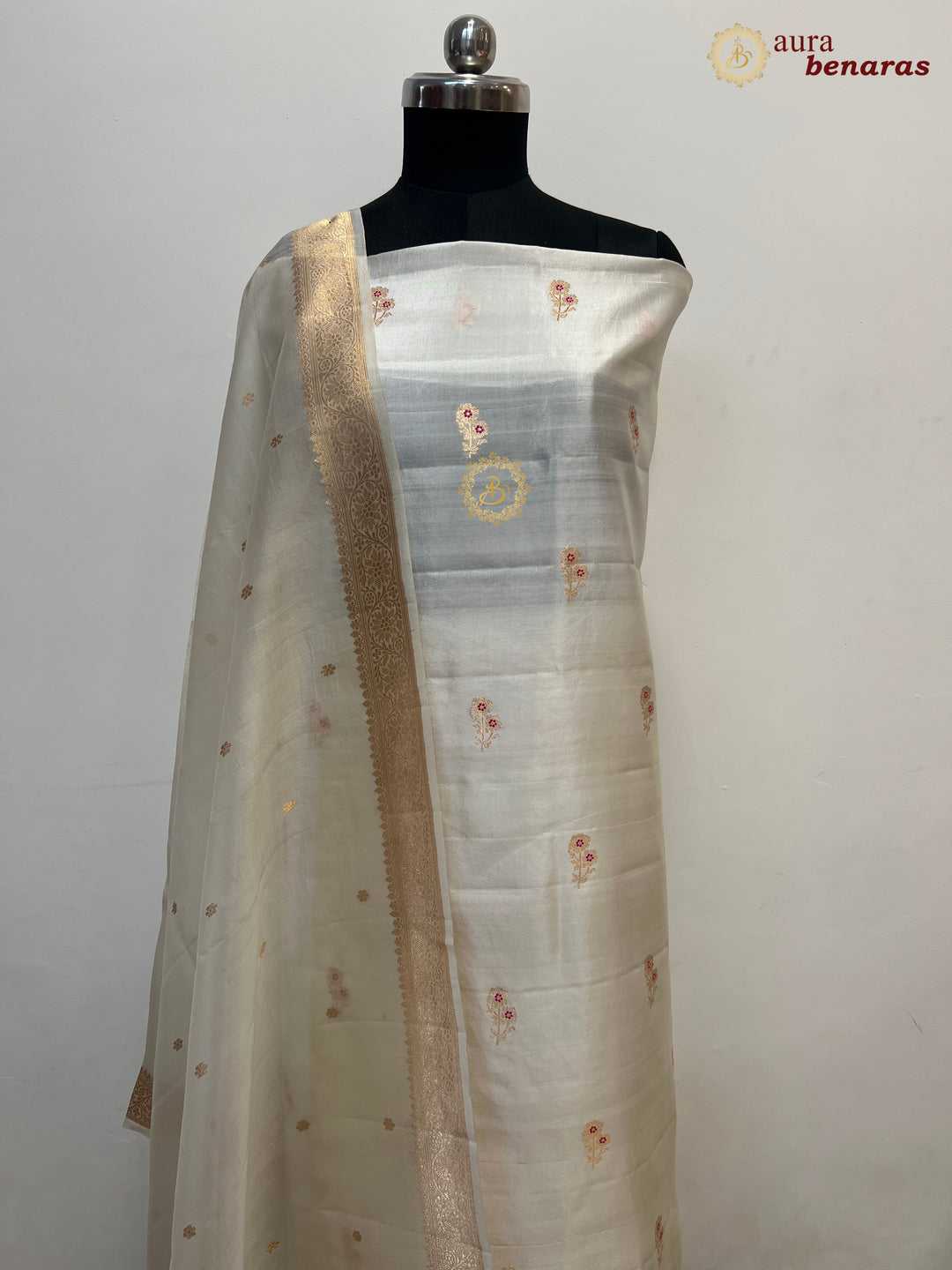 Cream Pure Banarasi Silk Unstitched Suit Kadhwa Work