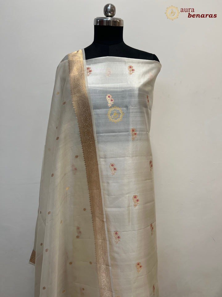 Cream Pure Banarasi Silk Unstitched Suit Kadhwa Work