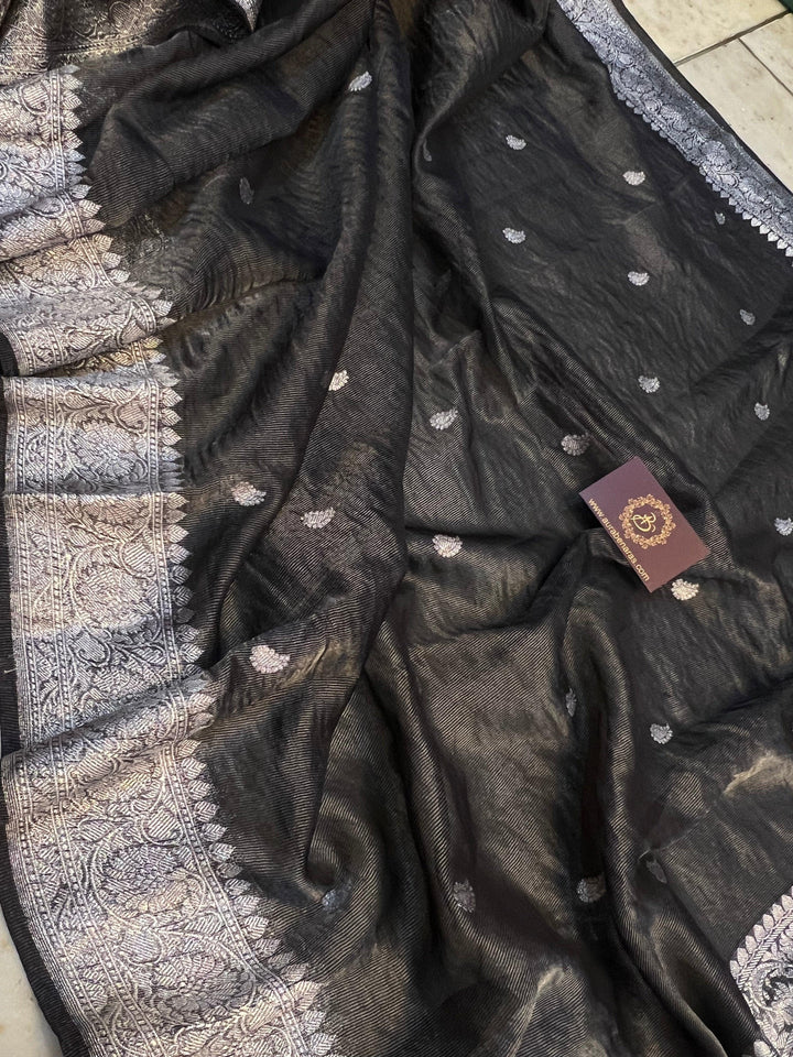 Pure Banarasi crush tissue silk saree with Kadhwa butis and silver zari border