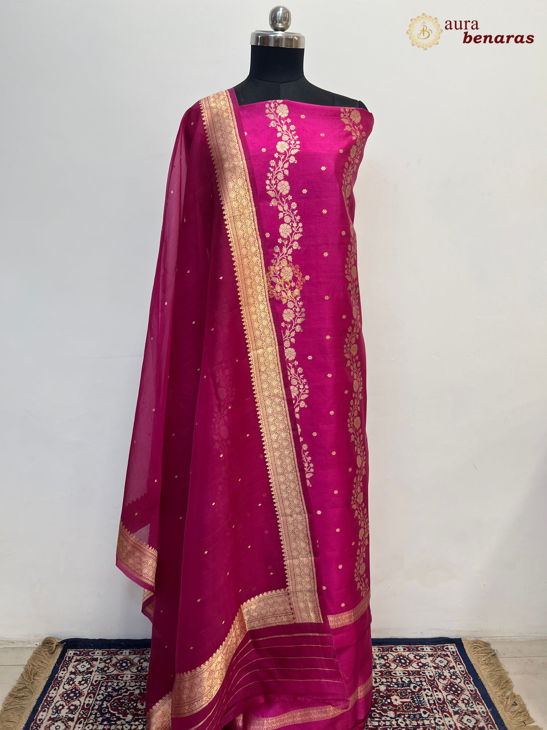 Rani Pink Pure Banarasi Silk Unstitched Suit with Kadhwa Work