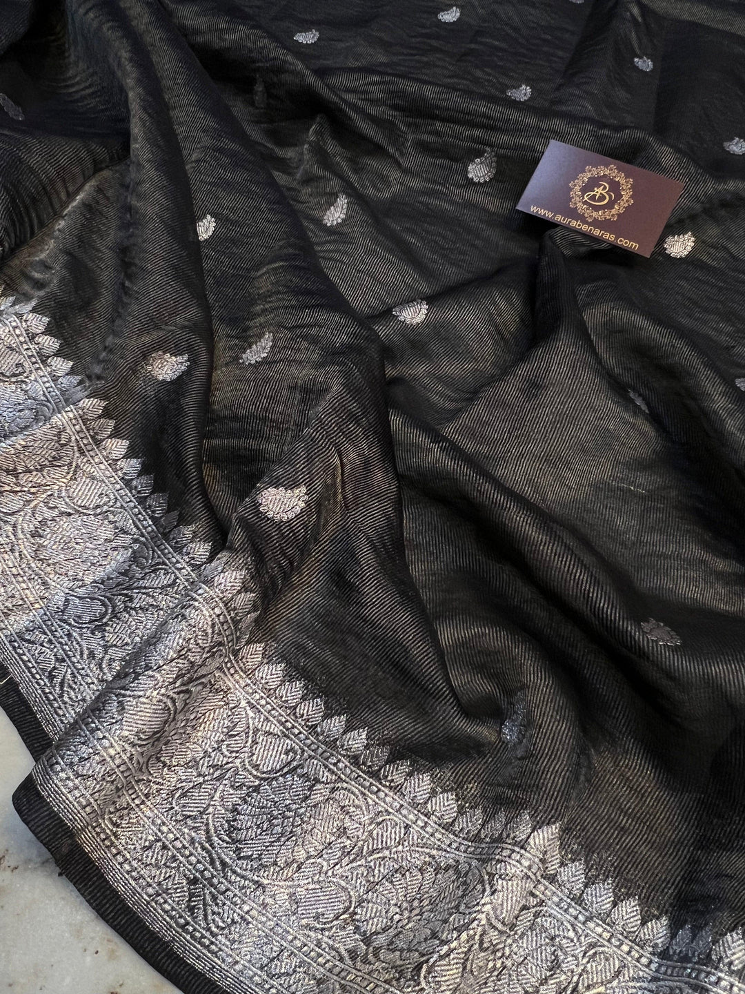 Pure Banarasi crush tissue silk saree with Kadhwa butis and silver zari border