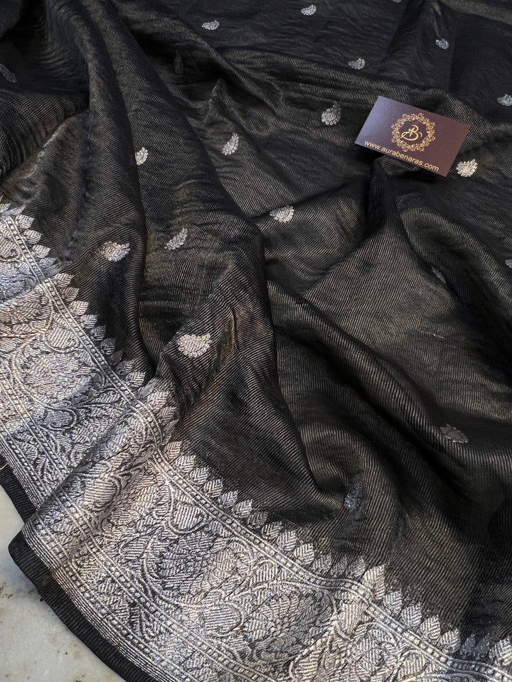 Pure Banarasi crush tissue silk saree with Kadhwa butis and silver zari border