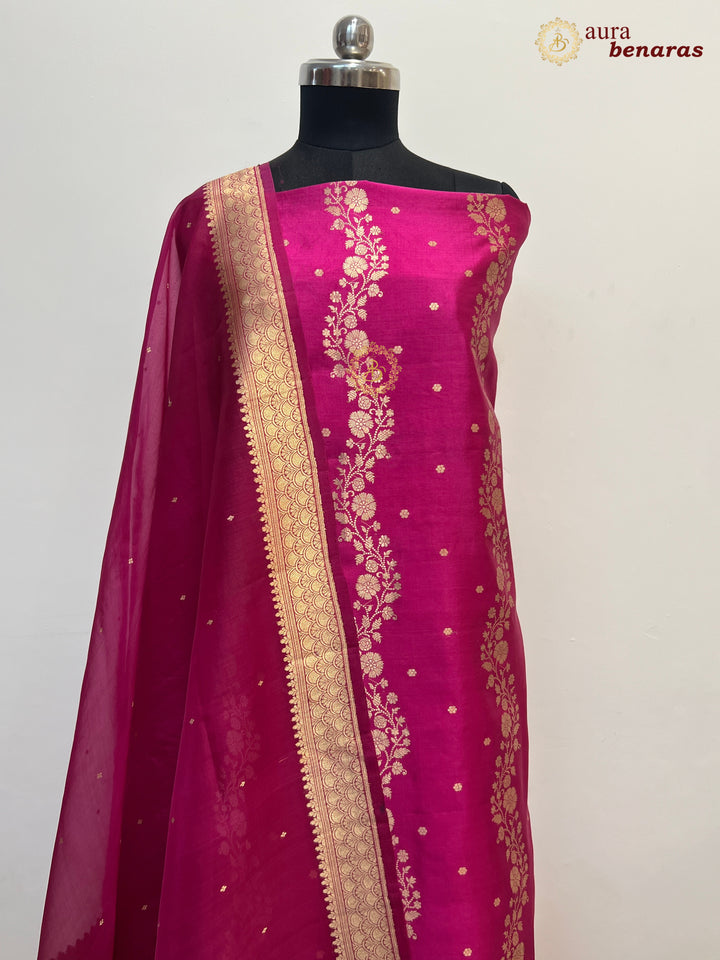 Rani Pink Pure Banarasi Silk Unstitched Suit with Kadhwa Work