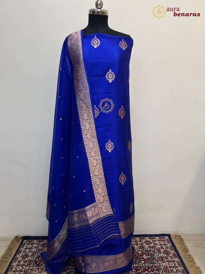 Royal Blue Pure Banarasi Silk Unstitched Suit Kadhwa Work