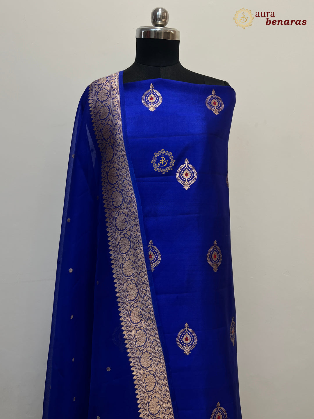 Royal Blue Pure Banarasi Silk Unstitched Suit Kadhwa Work