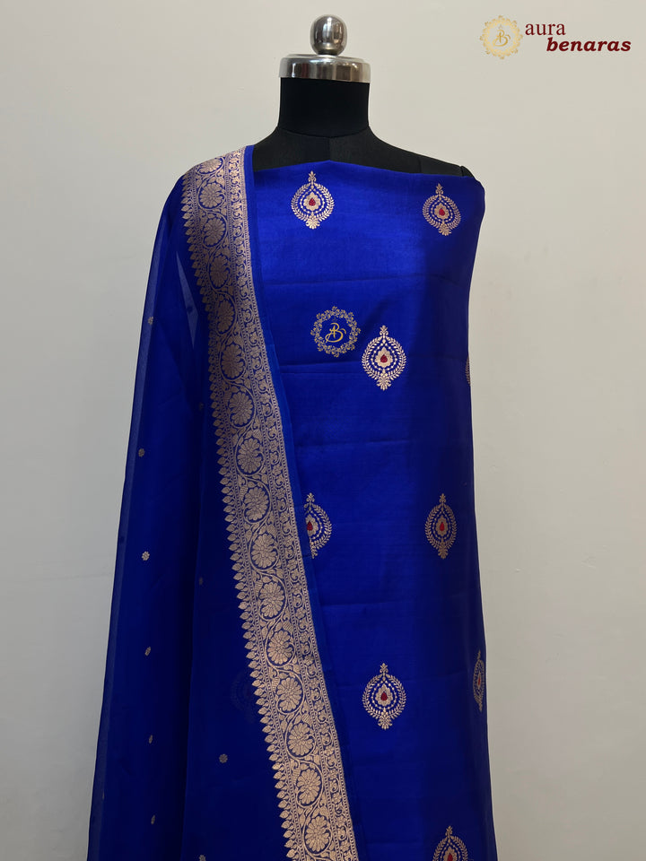 Royal Blue Pure Banarasi Silk Unstitched Suit Kadhwa Work
