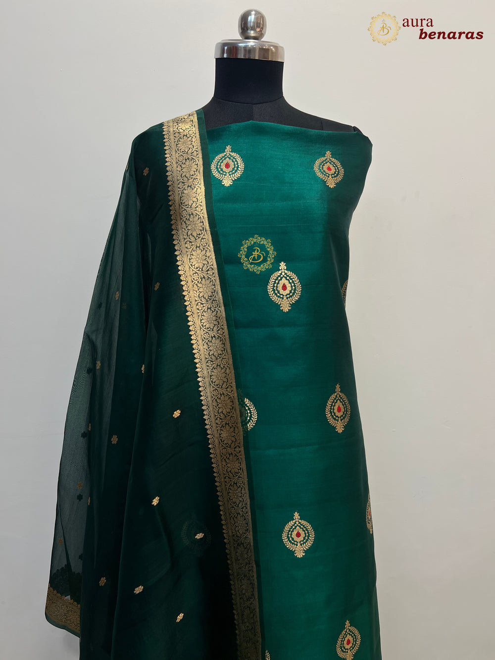 Bottle Green Pure Banarasi Silk Unstitched Suit Kadhwa Work