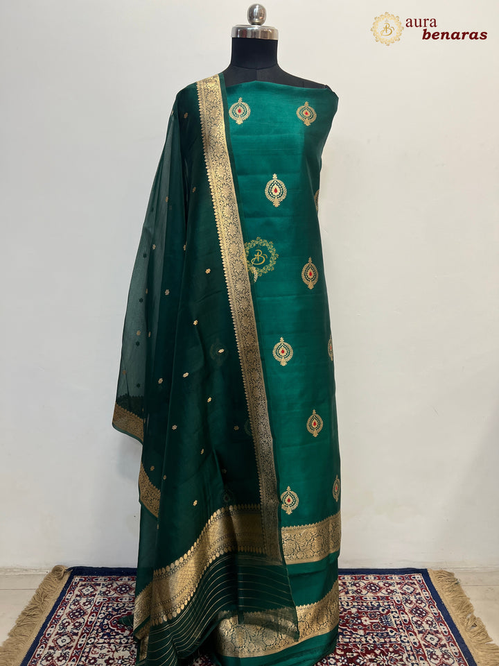 Bottle Green Pure Banarasi Silk Unstitched Suit Kadhwa Work