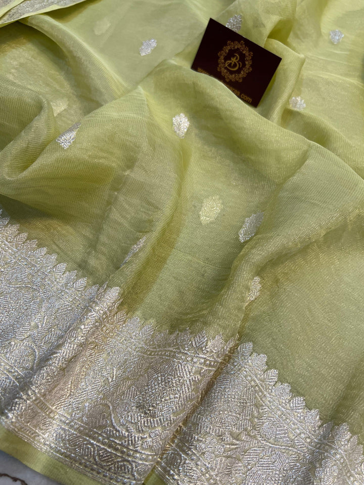 Pure Banarasi crush tissue silk saree with Kadhwa butis and silver zari border

