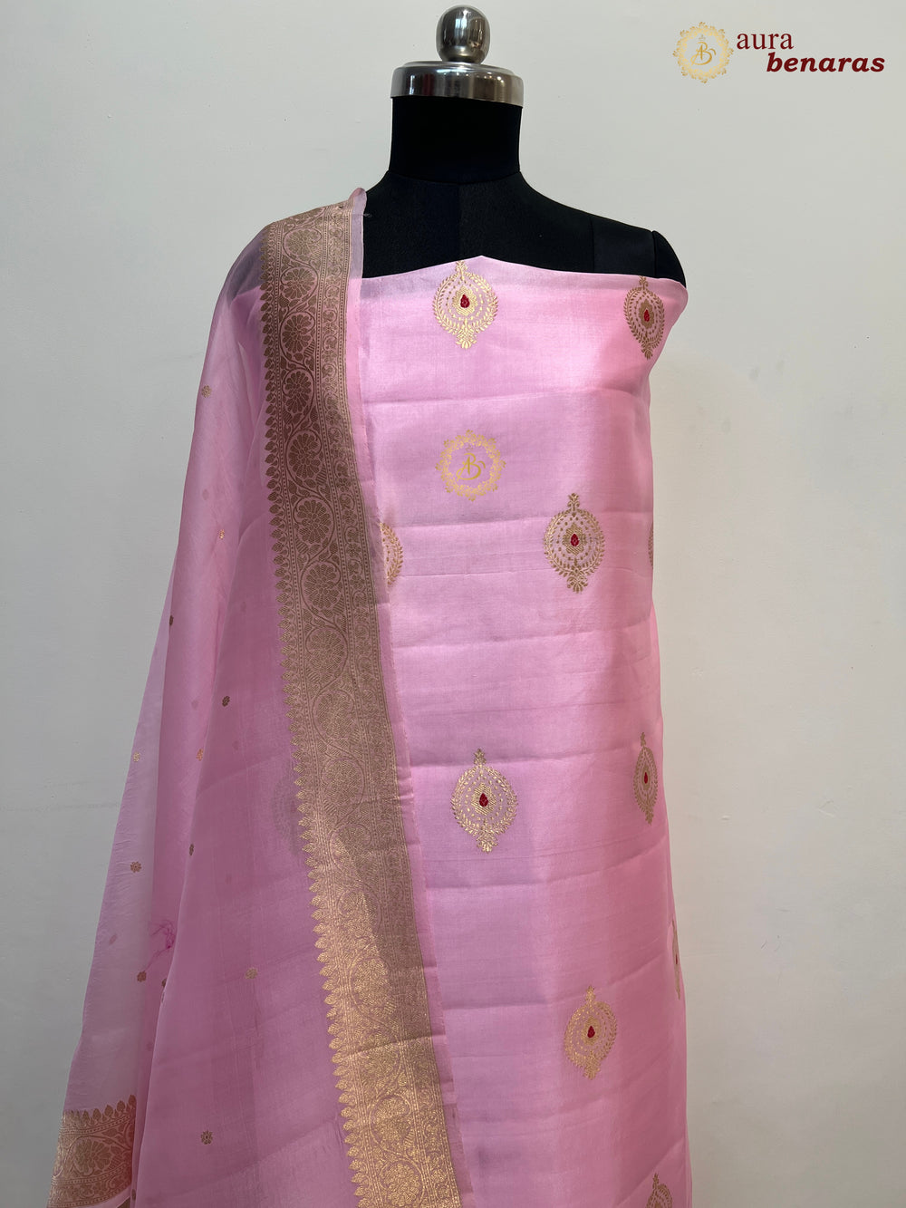 Baby Pink Pure Banarasi Silk Unstitched Suit Kadhwa Work