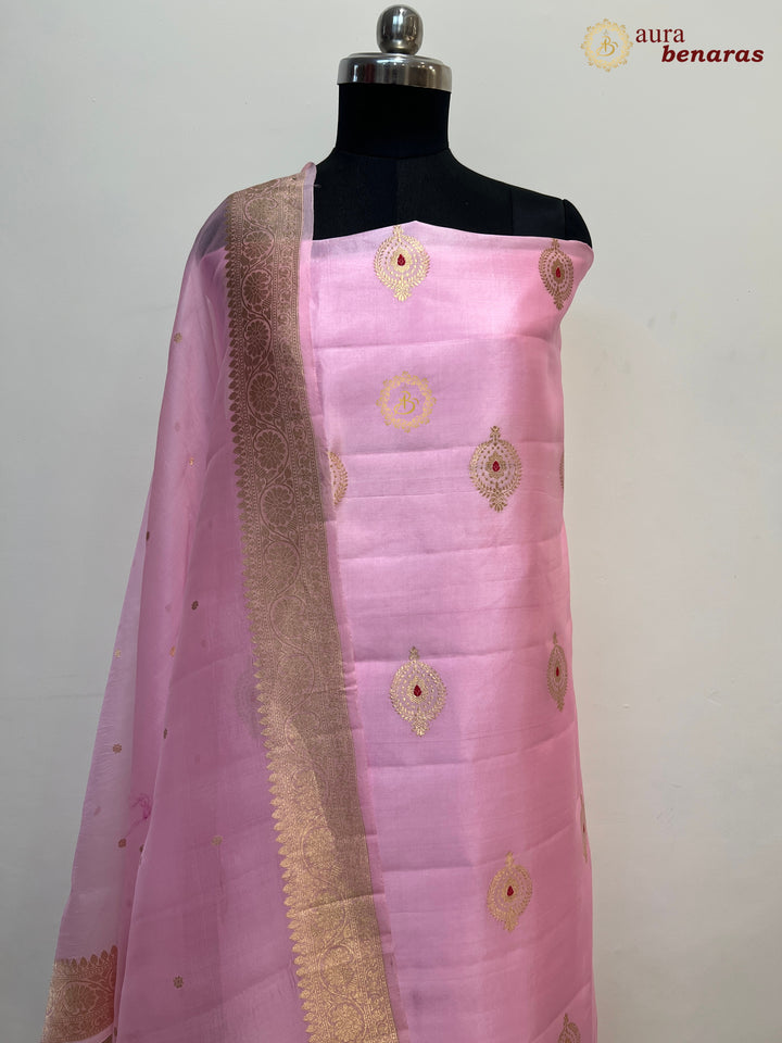 Baby Pink Pure Banarasi Silk Unstitched Suit Kadhwa Work