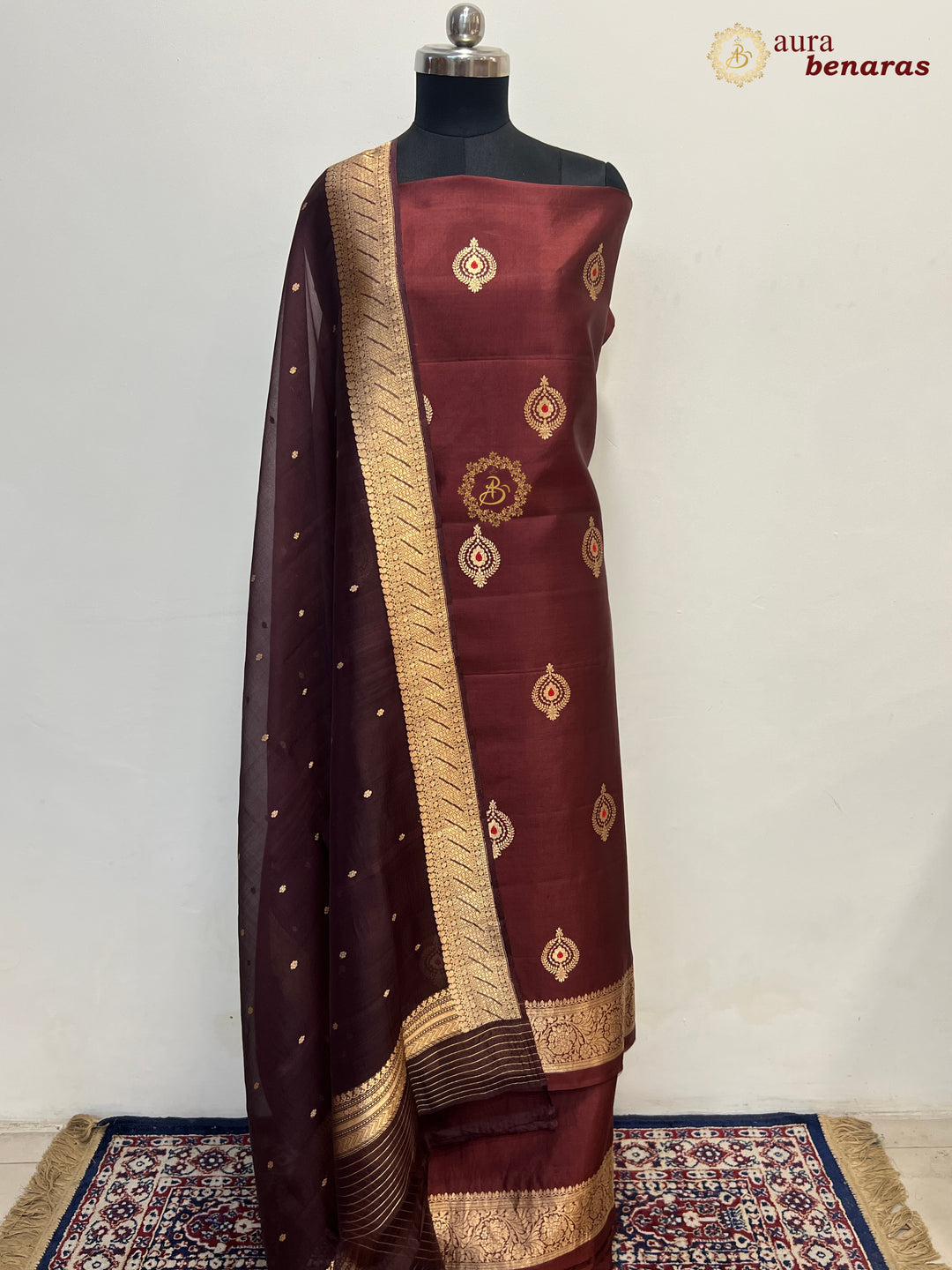 Chocolate Brown Pure Banarasi Silk Unstitched Suit Kadhwa Work