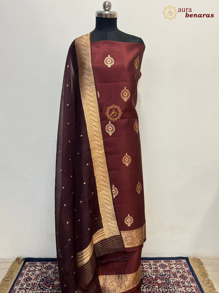 Chocolate Brown Pure Banarasi Silk Unstitched Suit Kadhwa Work