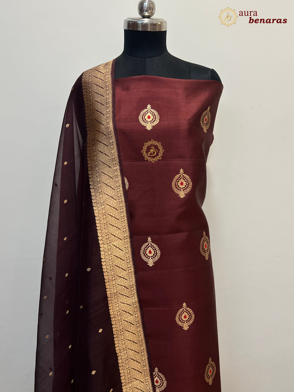 Chocolate Brown Pure Banarasi Silk Unstitched Suit Kadhwa Work