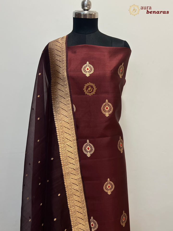 Chocolate Brown Pure Banarasi Silk Unstitched Suit Kadhwa Work
