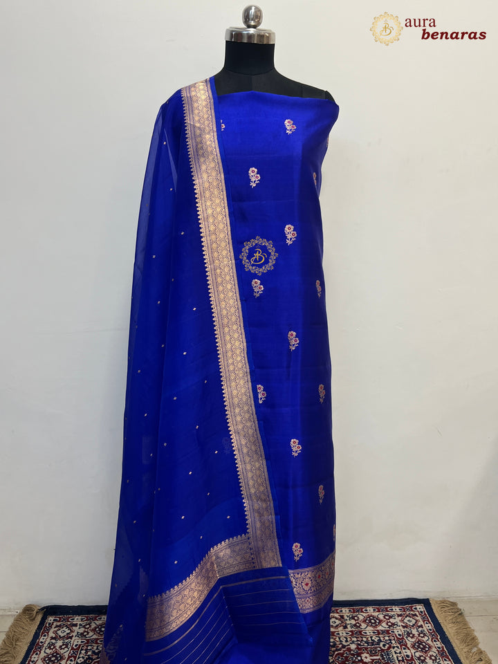 Royal Blue Pure Banarasi Silk Unstitched Suit Kadhwa Work
