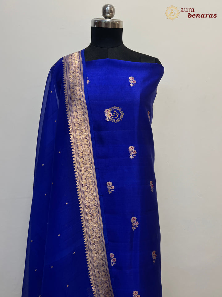 Royal Blue Pure Banarasi Silk Unstitched Suit Kadhwa Work