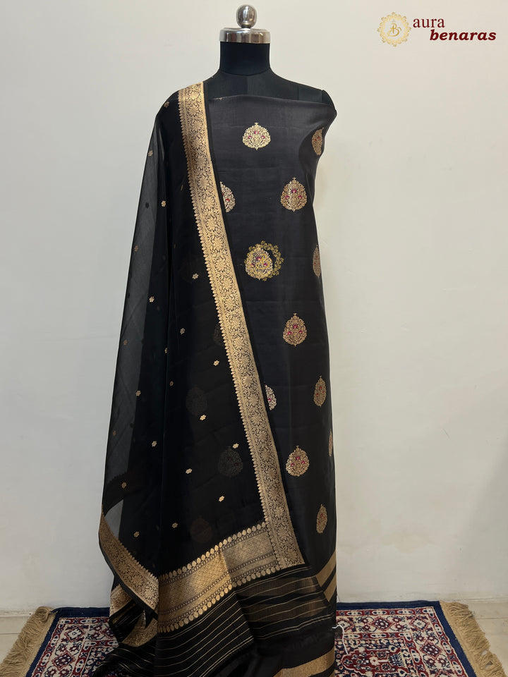 Black Pure Banarasi Silk Unstitched Suit Kadhwa Work