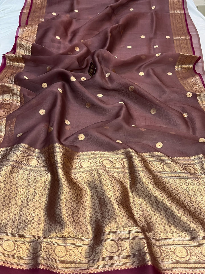Brown Pure Kora Silk Handloom Banarasi Saree