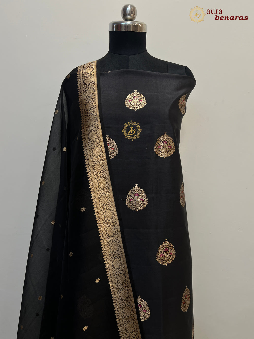 Black Pure Banarasi Silk Unstitched Suit Kadhwa Work