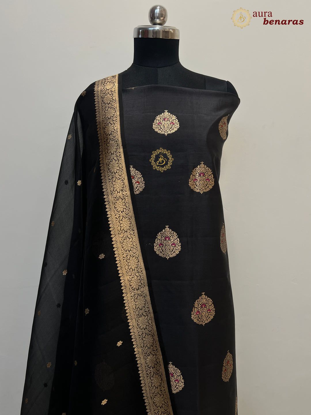 Black Pure Banarasi Silk Unstitched Suit Kadhwa Work
