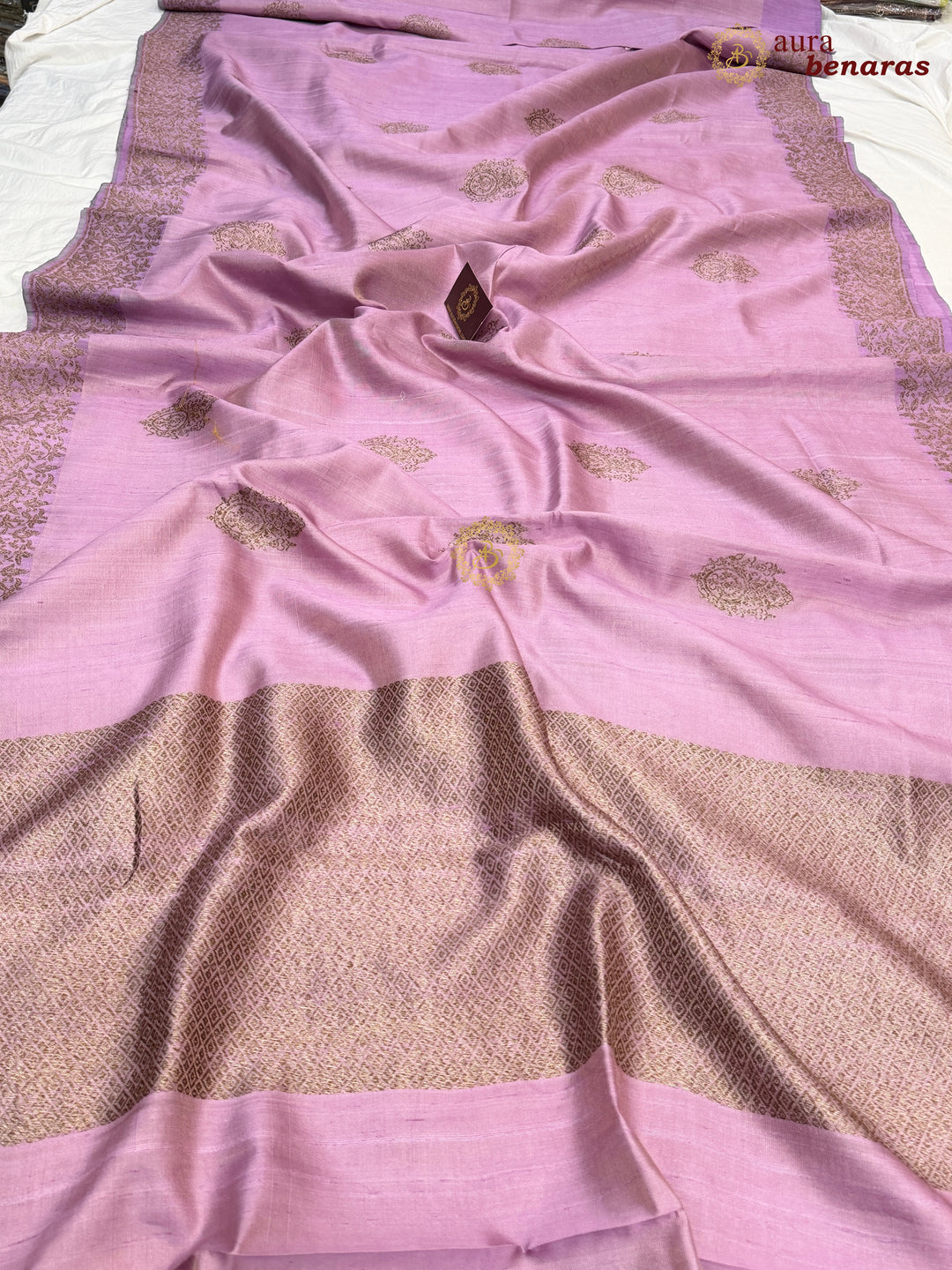 Pastel Lavender Raw Silk Banarasi Saree – Kadhwa Floral Design
