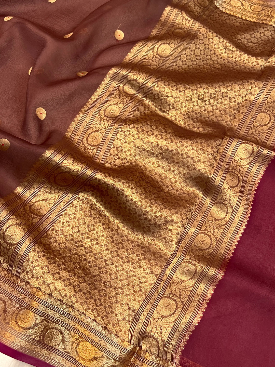Brown Pure Kora Silk Handloom Banarasi Saree