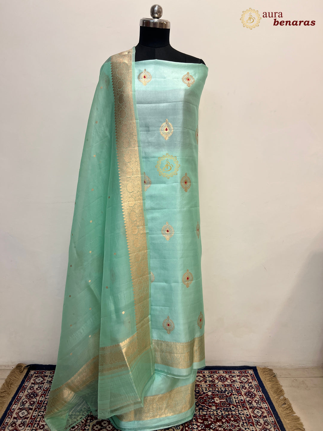 Sage Blue Pure Banarasi Silk Unstitched Suit Kadhwa Work