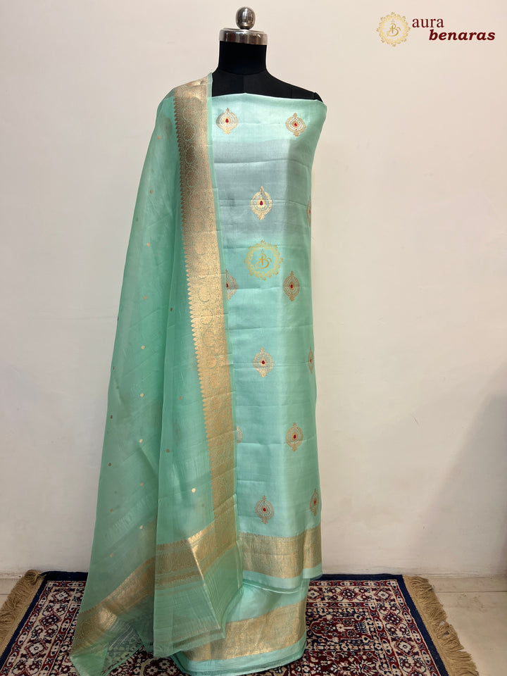 Sage Blue Pure Banarasi Silk Unstitched Suit Kadhwa Work