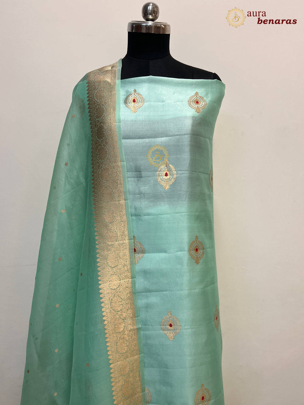 Sage Blue Pure Banarasi Silk Unstitched Suit Kadhwa Work
