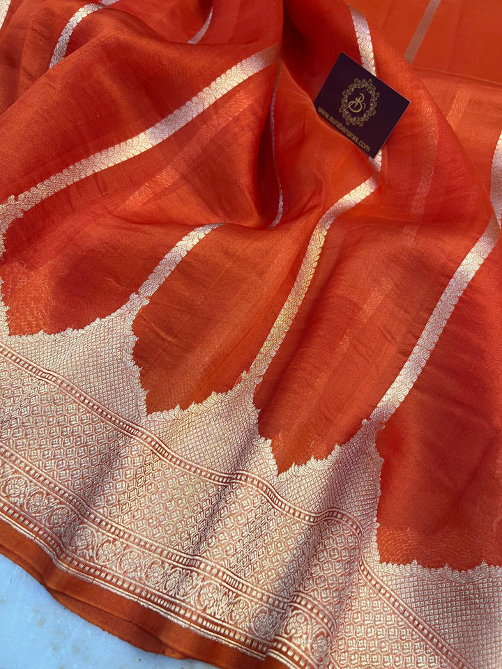 Orange Kora Silk Handloom Banarasi Saree with Golden Zari Stripes