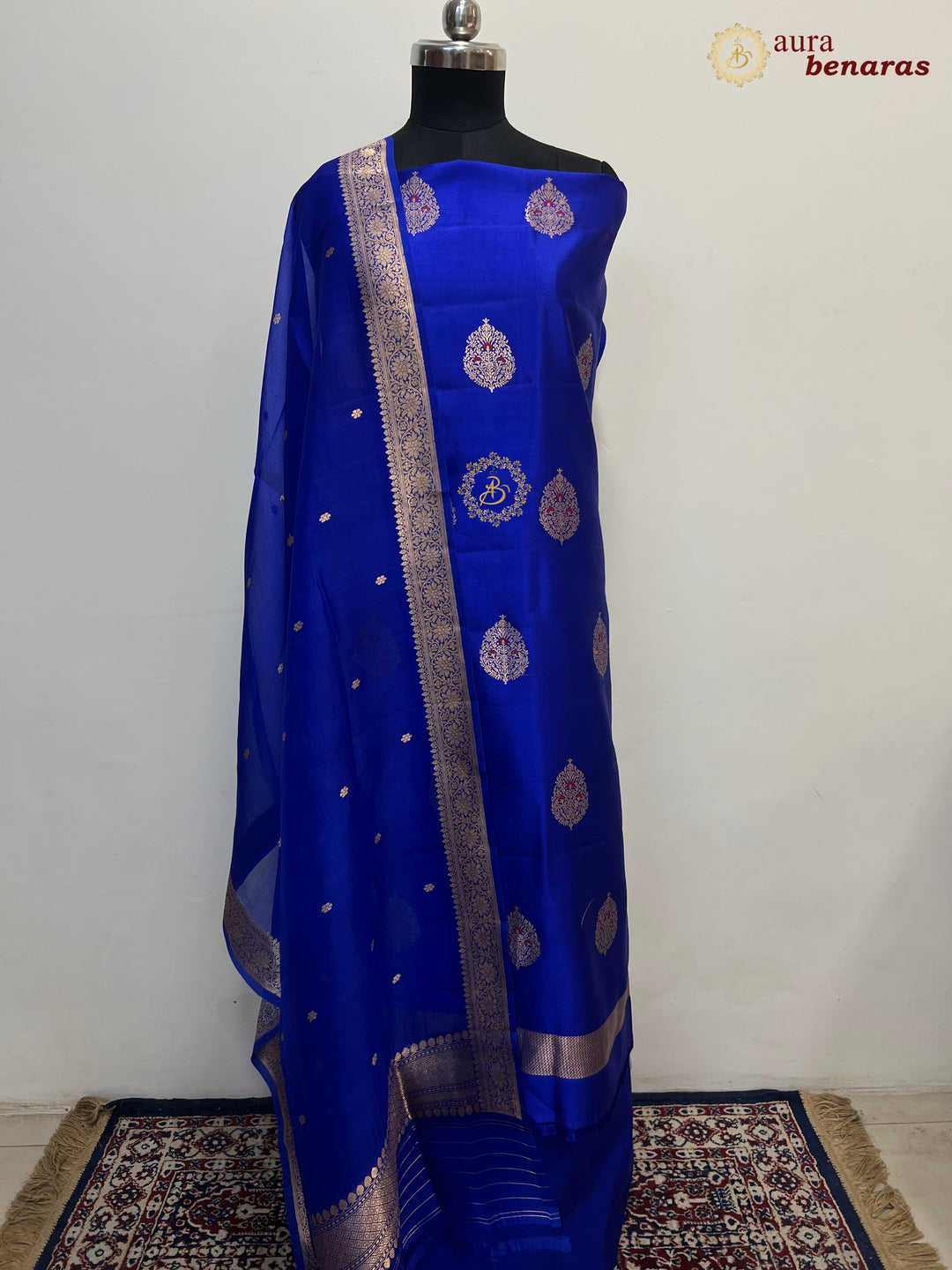 Royal Blue Pure Banarasi Silk Unstitched Suit Kadhwa Work