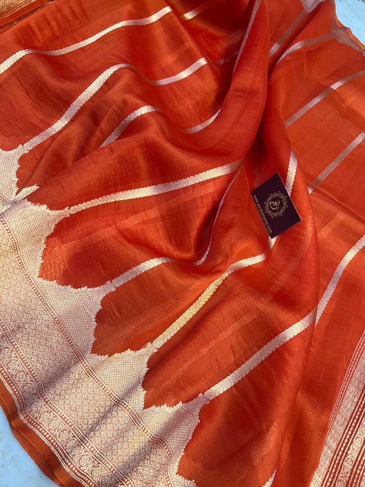 Orange Kora Silk Handloom Banarasi Saree with Golden Zari Stripes