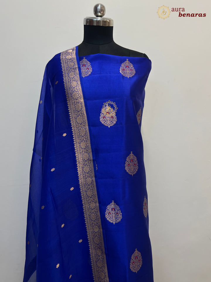 Royal Blue Pure Banarasi Silk Unstitched Suit Kadhwa Work
