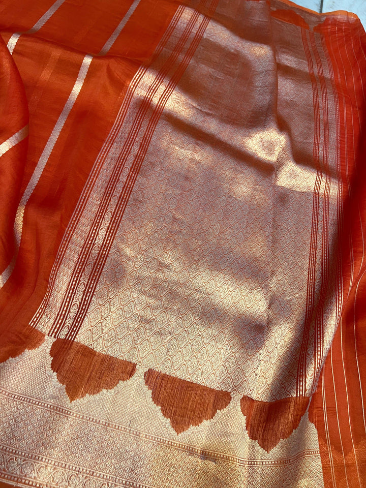 Orange Kora Silk Handloom Banarasi Saree with Golden Zari Stripes