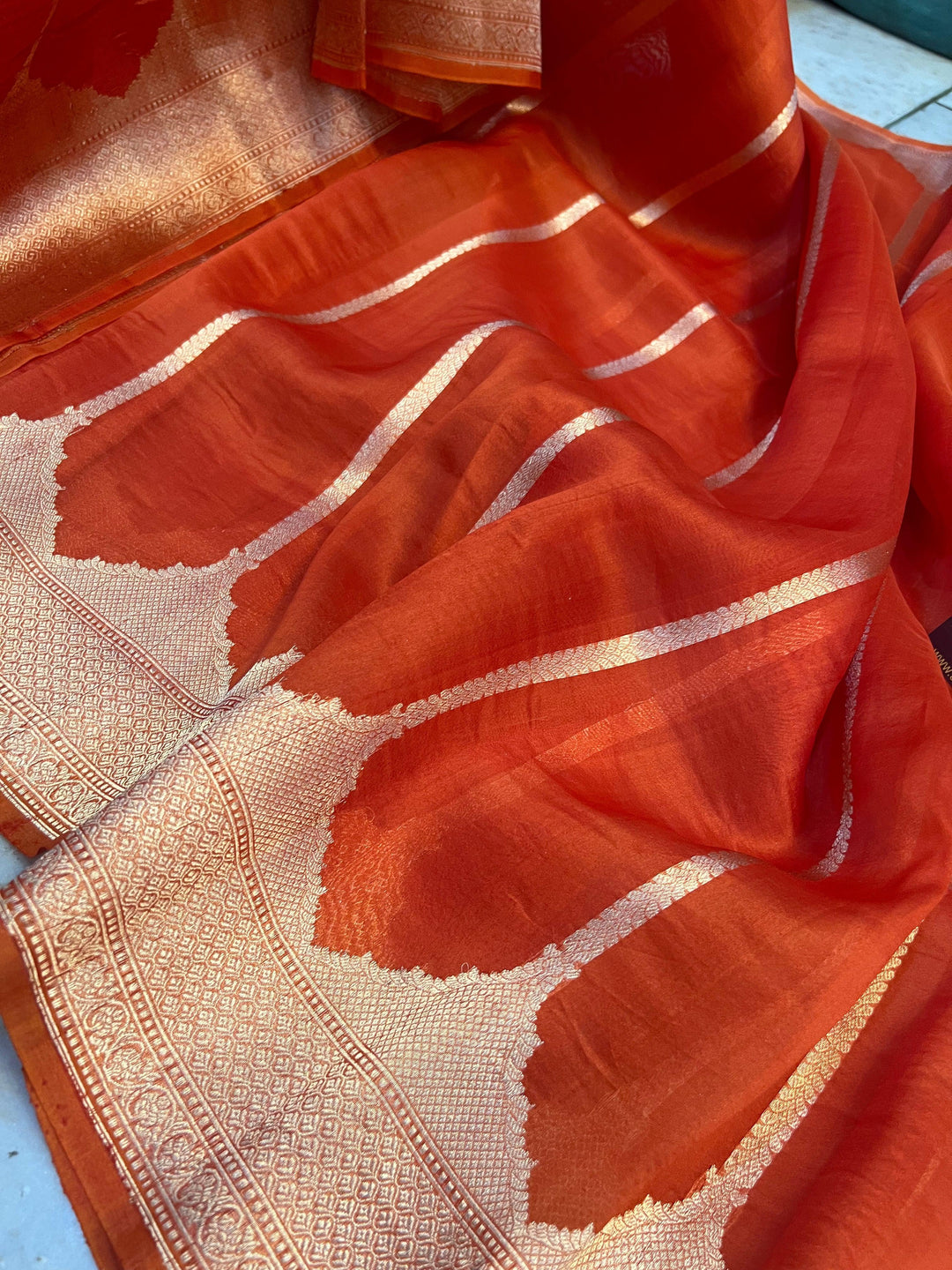 Orange Kora Silk Handloom Banarasi Saree with Golden Zari Stripes